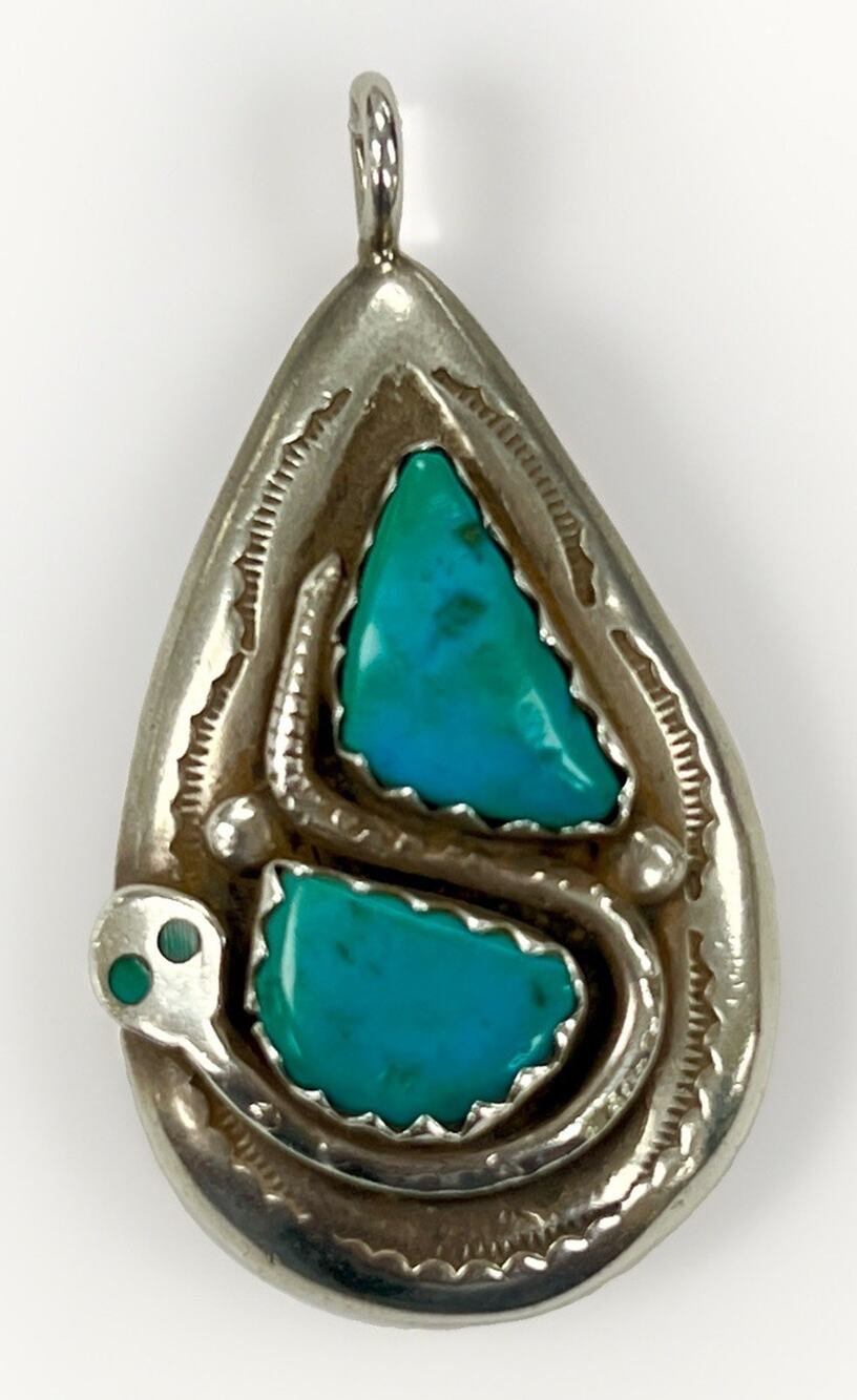 VTG Effie C Zuni Sterling Silver Double Stone Turquoise Snake Statement Pendant
